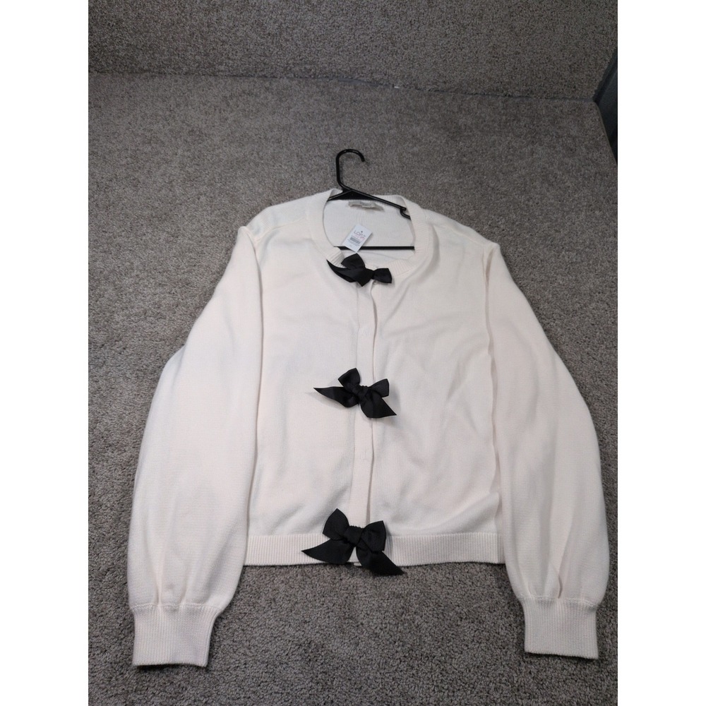 LOFT Womens XL Cream Cotton Knit Cardigan Sweater Black Bow‎ Accents Snap Front